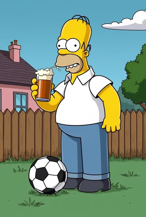 Homer with a booger outside drinking beer playing soccer