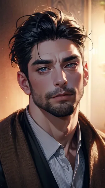 (     borrowed letter ,4K,8k,     highres,     masterpiece :1.2),     ultra-detailed    ,(realistic,photorealistic,photo-realistic:1.37),36-year-old man,3 day beard,Beautiful anime,Portraits,strong,Masculine,      with black hair  ,sharp jaw,         mesme...