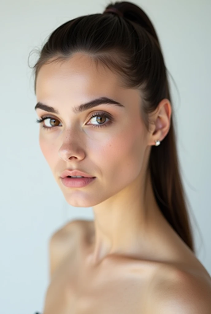 A close-up portrait of a beautiful young Persian woman with long hair,standing straight facing towards camera, facing to the camera, dark brown hair pulled back, both shoulders facing camera, all hairs tightly pulled back in pony, strait face, looking in t...