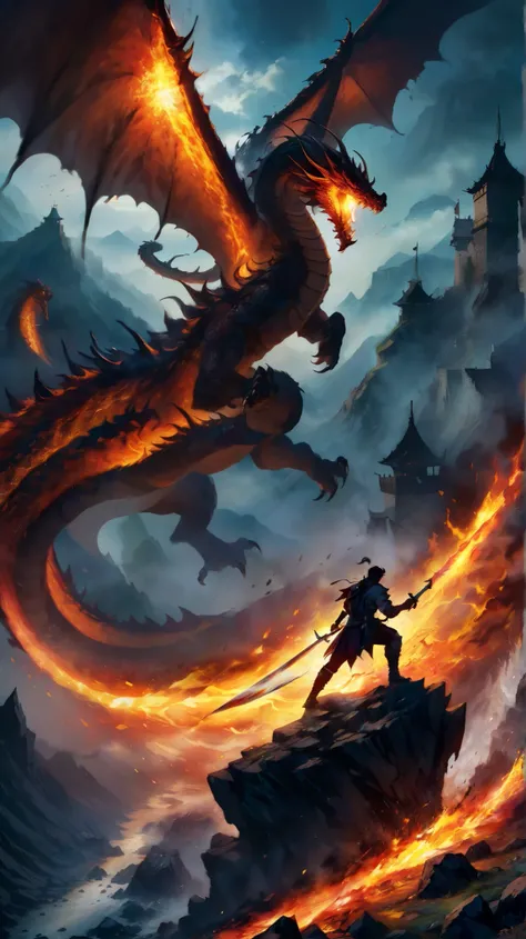 "A lone swordsman stands on the edge of a ruined battlefield, his tattered cloak whipping in the wind. Before him looms a monstrous dragon, its scales like obsidian, eyes burning with ancient malice. The ground trembles as the beast spreads its massive win...