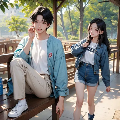  Change  (Raise)  be shy ,  The camera view is on a tree branch ,  A young man and a beautiful young woman are walking away from the camera while talking.. They're both laughing .  The full body of a couple showing the whole picture . 

남자는 체크무늬 셔츠Raise 풀어...