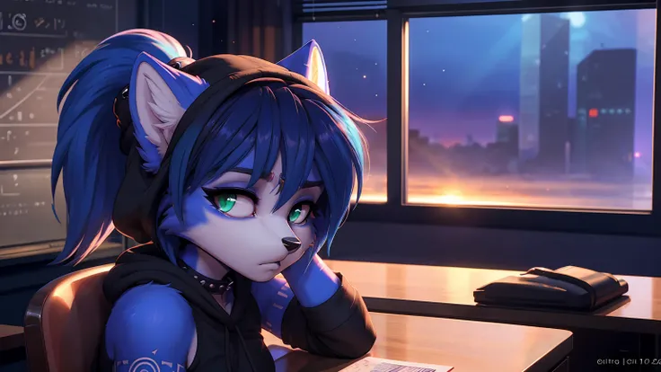 ((krystal)), Star Fox-Krystal, lovable,     green eyes, (((    long blue hair 1  .3))), Decollete, anthro, blurred,  detailed Fluffys fell,    detailed face  , (Fluffy),     1 girl, ,woman, Goth,     green eyes, Undercut,   ultra-realistic 8k CG    ,     m...