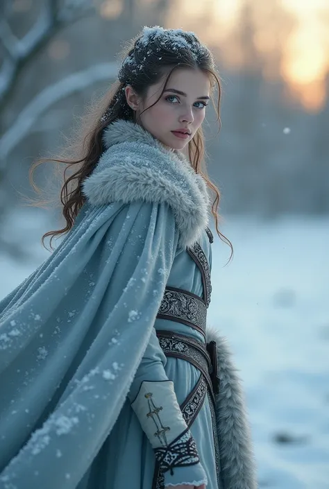 She is as beautiful as a frost-kissed dawn, where the first light of day shimmers upon untouched snow. She carries the grace of a noble warrior, her every movement as precise and fluid as a blade dancing through the winter air. Her eyes, icy yet smoldering...