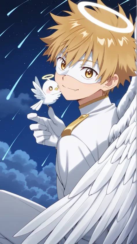 Full pure White hero masked men anime, solo,white angel uniform,white hero mask,white eye mask,gloves,angel,1boy,mysterious grin,fang out,male focus,big white angel wing,angel halo,golden eyes,night sky clouds heaven background,inuzuka shuu, blonde,male fo...