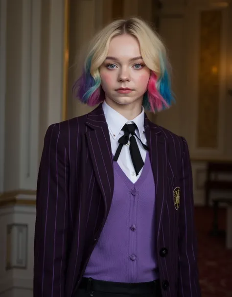 1 girl,  sozinho, hd, 120,000 pixels, hdR,  fotografia profissional,  uma fotografia de Emma Myers as Enid Sinclair, pale skin, thin body, cleavage, short blonde hair, blue and pink at the ends of the hair, vertical purple striped blazer, long black plisse...