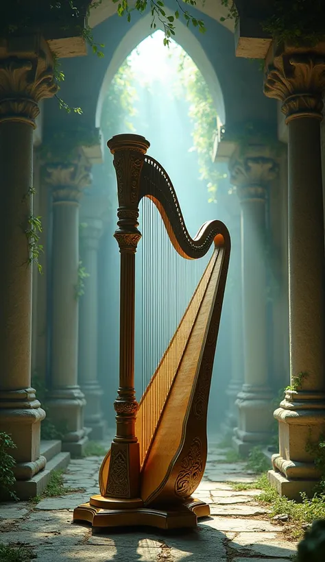 A magical harp playing itself in an ancient temple.