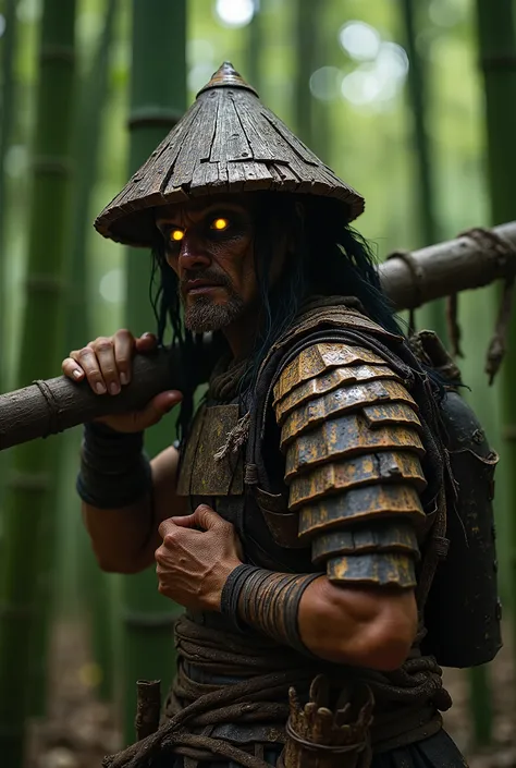 A rogue samurai, wielding a long log as a weapon, holding it on his shoulders, Obito's mask on face, a wooden bamboo hat on head, thick wood plate armor covering his body completely, in dense green bamboo forest, close up from side, intricate wood details....