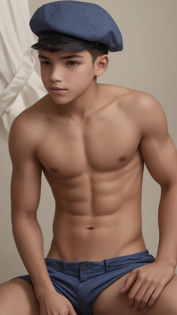 Young shirtless boy with cap haircut shirtless