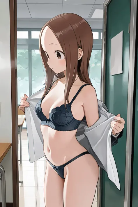 NSFW, Masterpiece, top quality, high resolution, very detailed,Takagi\(からかい上手のTakagi\), with long hair 、 Hair,Forehead、clavicle,School, dressing room, is changing clothes ,fine bra,fine thong panties