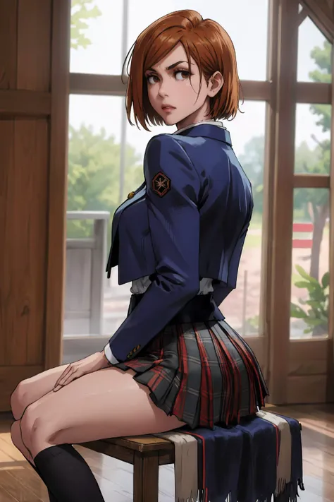 1girl, cowboy shot, beautiful Nobara, school_uniform, bangs, jacket, volumetric lighting, best quality, masterpiece, intricate details, tonemapping, sharp focus, hyper detailed, trending on Art Station, 4k,full body, sitting, backwards, looking back, dinam...