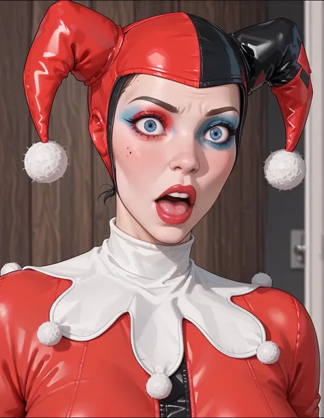 Harley quinn classic full red outfit,big boobs,big boobs,facing viewer,clothed,in closet hidingSolo, 1girl,clothed, Close-Up,Letterboxed, Head Out Of Frame, Relationship Graph, Three Sided View of her face,shocked face 