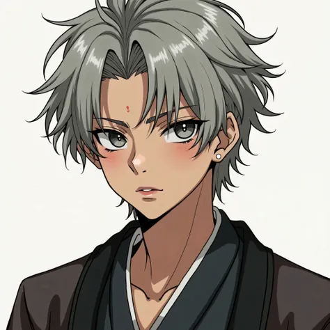 A young man with gray hair and gray eyes with tan skin and a mole near his left eyebrow and with a piercing on his lips and with a height of 1.80s and Japanese-style men's clothing 