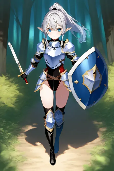  Lantern、 Silver Hair、 ponytail、Elf、Broken Blue Armor 、 high leg、Broken Sword 、 high knee socks、 Fiona【SFElf】、 black gloves、 black boots、forest、Broken Great Shield 