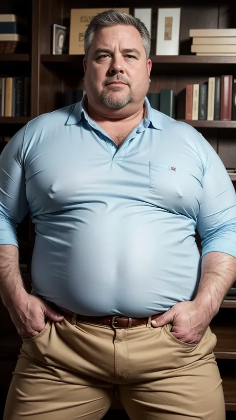 (best quality,4k,8k,highres,masterpiece:1.2), age 50, white man detective, fat round soft sloppy belly, rolls of fat at thr waist, thick lovehandles, tight golf shirt, very fat round face, chubby cheeks, double chin, fat face, horny, muscular chubby, kind,...