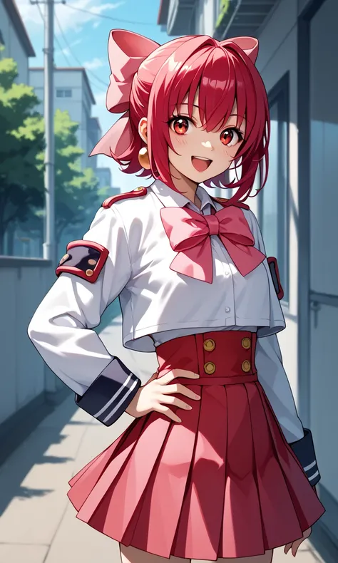 score_9, score_8_up, score_7_up, score_6_up, score_5_up, score_4_up, hanakoganeihibari, 1girl, solo, skirt, red eyes, red hair, bow, open mouth, day, jewelry, smile, short hair, looking at viewer, school uniform, hair bow, pink bow, hand on hip, white shir...