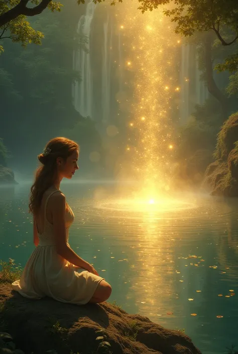 Elisa kneeling in front of a glowing lake ,  with golden reflections emerging from her magical surface.