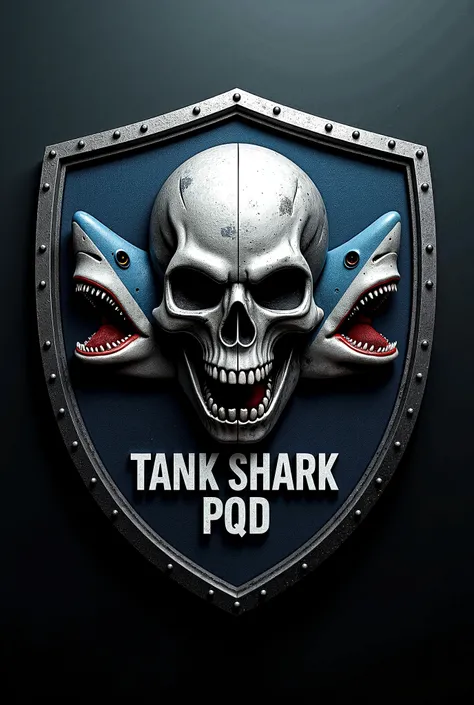 Create a shield with Bope's skull and 2 sharks next to the skull written TANK SHARK PQD