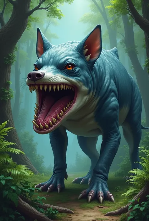 Dog fused with shark in a forest and that I have the head of a shark and has crocs on its feet