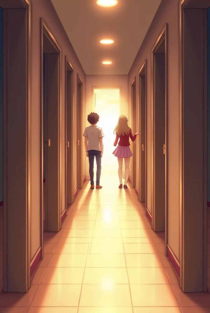 title: what lies behind closed doors
genre: romance

i want it to be a hallway with 6 doors, and each door theyre peeking. 4 boys and 2 girls specifically. they are smiling at each other. i want it to look light fluffy romance make it anime style