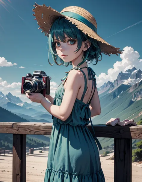 1girl, a girl posing for a photo wearing a long turquoise sundress and a straw hat, windy day, mountains background, flat color,sinozick style, from the side, girl using a reflex camera, taking a photo, 748cmstyle 