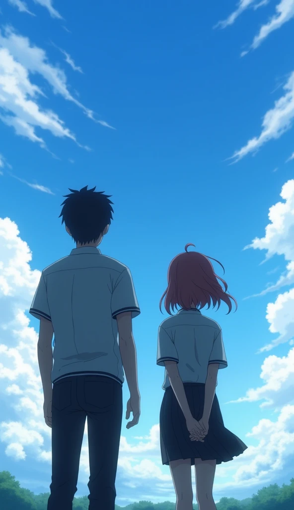 High resolution 8k, Browsing Caution, Bright lighting, Man and woman are looking at the sky with their backs turned, school uniform, Animated characters in a scene with a sky background, Your Name movie style, Stills in TV anime, yourname, fiona staples an...