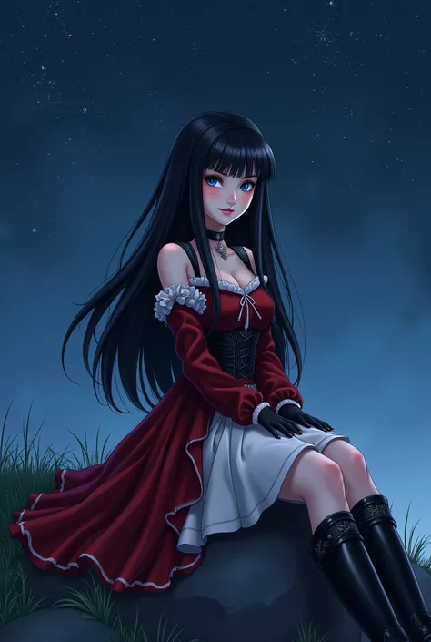  Draw me a 19-year-old girl ,  in the style of Castlevania nocturne , pale skin,  medium long and smooth black hair ,  black eyes but with a beautiful bluish glow , She has a neutral face ,  in the background the starry night sky and the grass ,  she is si...