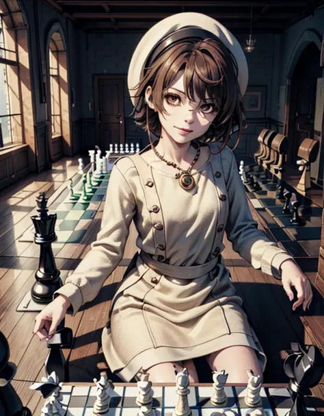 (((POV playing chess against the girl:1.5))), (1girl, brown hair, short hair, brown eyes, beige small hat, elegant beige dress, black details on the dress:1.3), (sitting at the other side of the chess table, playing chess against the viewer:1.3), seductive...