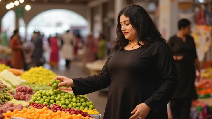 Indian 30 years old woman, curvy figure, beautiful round face, curly black long hair, wearing black kurti,pajama, full body cover by kurti, wearing golden jwellery, buying vegetables