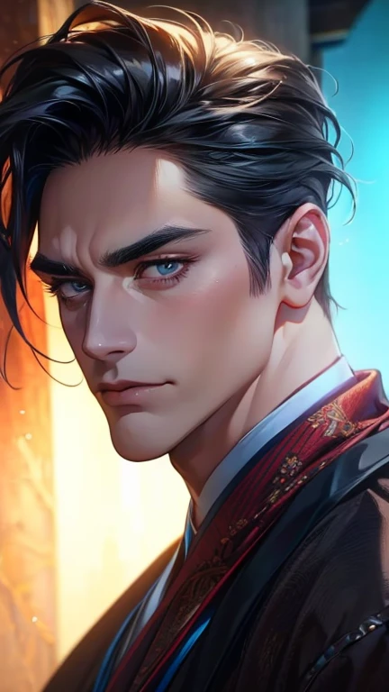 (       ,4K,8k,      highres,      masterpiece :1.2),      ultra-detailed    ,(realistic,photorealistic,photo-realistic:1.37),36-year-old man,3 day beard,Beautiful anime,Portraits,strong,Masculine,       with black hair  ,sharp jaw,           mesmerizing e...