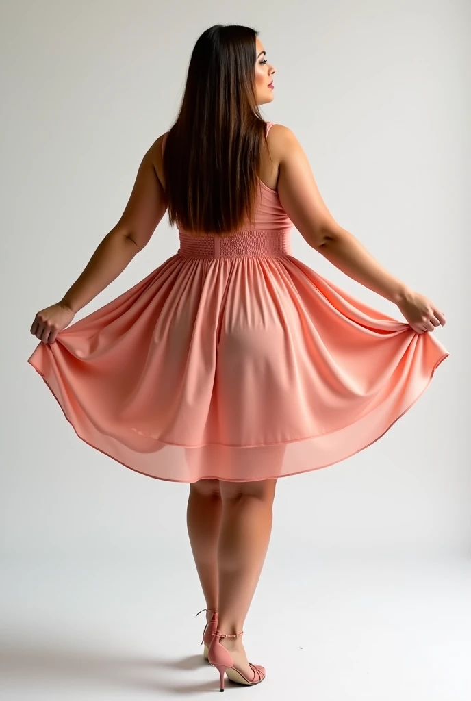   high definition , high quality HD,    Design for clothing modeling   , woman,  corpo plus size,     short dress, round and flowing skirt ,   long, smooth hair   ,     Left arm wide open to the left side and left hand holding the dress ,  full body photo ...