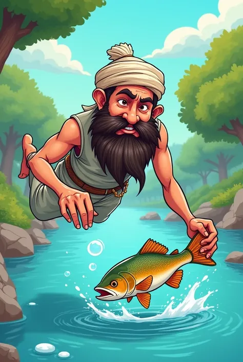 The Pathan dived into the water and caught the fish in his hand cartoon cartoon 