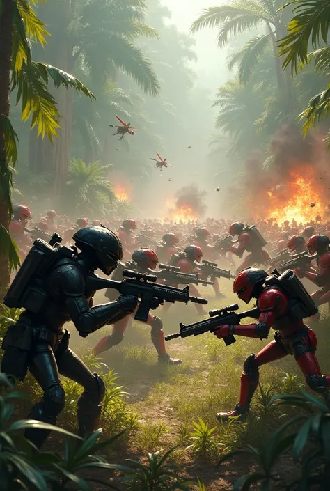 "A highly detailed and action-packed digital painting of black ants and red ants engaged in an intense battlefield. The black ants, wearing military-style armor with tactical gear, wield miniature rifles and energy-based weapons, while the red ants, clad i...