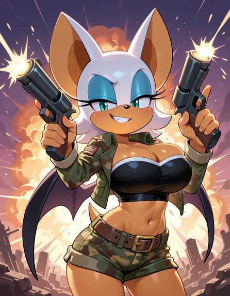 masterpiece, best quality, amazing quality, very aesthetic, absurdres, source furry, Rouge the bat, short body, small stack, half closed eyes, cyan eyes, seductive look, outdoors, explosions background, looking at viewer, grin, frown, black tube top, camo ...