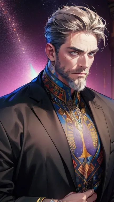 (       High quality. ,4K,8k,       highres,       masterpiece :1.2),       ultra-detailed    ,(realistic,photorealistic,photo-realistic:1.37),36-year-old man,10-day beard,Beautiful anime,Portraits,strong,Masculine,   with dark gray hair  ,sharp jaw,      ...