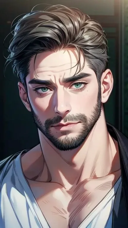 (   ,4K,8k,  highres,  masterpiece:1.2),  ultra-detailed,(realistic,photorealistic,photo-realistic:1.37),36-year-old man,3 day beard,cute anime ,Portraits,strong,Masculine,  dark hair,sharp jaw, mesmerizing gray-green eyes ,  perfectly combed hair,  cool a...