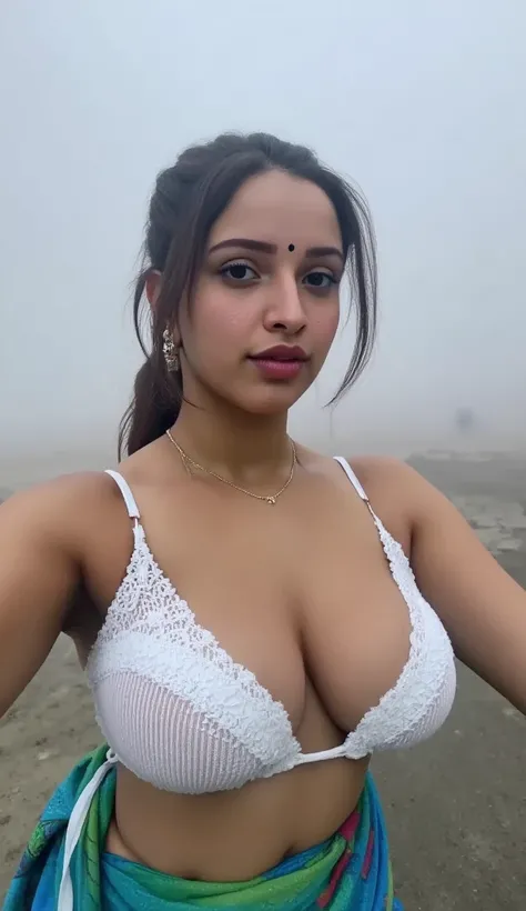 front view, extreme long shot photo of sexy indian, look at viewer and subtle smile, curvy athletic figure, open arms, sexy armpits, sweating, doing push ups in fog, ponytail, necklace, white see through lace bra, blue and green  saree, glossy lips, (cinem...