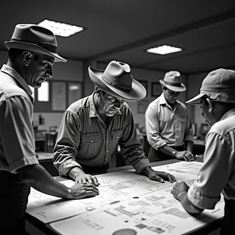 large office of 50-year-old architects and one of them with a hat, With small windows , drawing the plan of a building, Uruguay 1955 