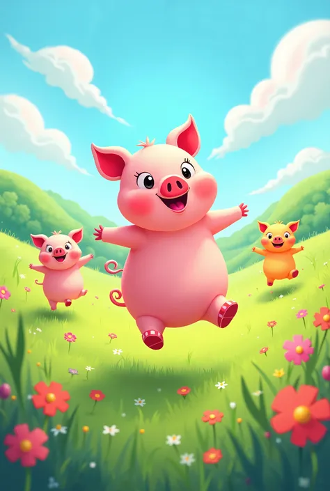 Create a piggy jumping in the field with two ren, it is important that the images are designed for coloring 