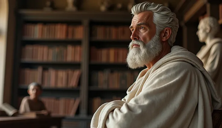  Ultra-realistic portrait of a stoic philosopher with a serious face and a fixed eye on the horizon.  The fund is an old library with scrolls and statues of great thinkers , representing the legacy of philosophy over time .