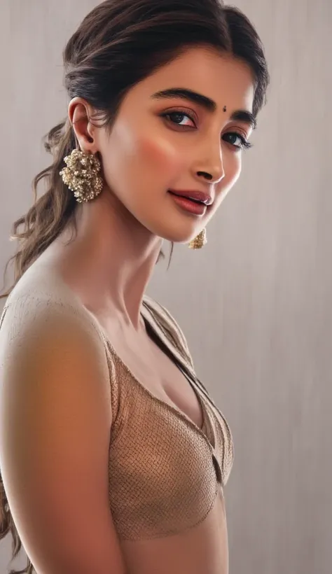 Create a hyper-realistic portrait of Pooja Hegde, a tall and stunning woman with long, dark hair styled in sleek braids. She’s striking a sensual pose for the camera, with a Horny expression and thick eyebrows. Her makeup is dark and dramatic, set against ...