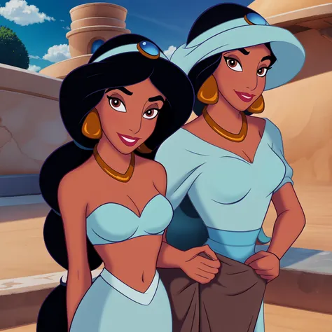 1girl, jasmine \(disney\), looking at viewer, lips, smirk, dark-skinned female, standing, contrapposto, (upper body:1.1), black hair, very long hair, brown eyes, eyeliner, blush, nsfw, solo, jewelry, lace bra, (black bra:1.1), (center opening:1.1), absolut...