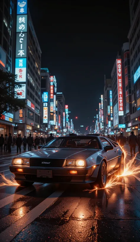 recreate a lamborghini countach as the time machine also known as the delorean dmc from the blockbuster movie back to the future, set the scenario in the shibuya crossing at midnight, burning tires on the street