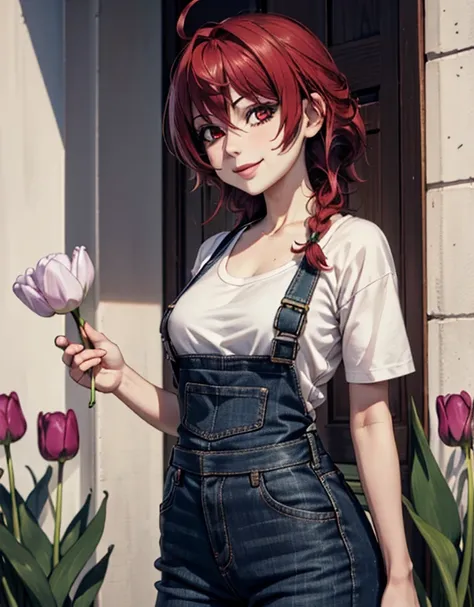 1girl, dark red hair, long low braid, red eyes, mature woman, sexy body, round breasts, loose overall, tight white t-shirt, happy smile, (giving a tulip to the viewer, handing a flower: 1.2), garden, (masterpiece:1.2), (best quality:1.2), (very aesthetic:1...