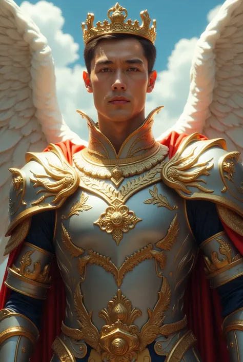 Archangel Michael short haired with king's armor and crown in blue sky 