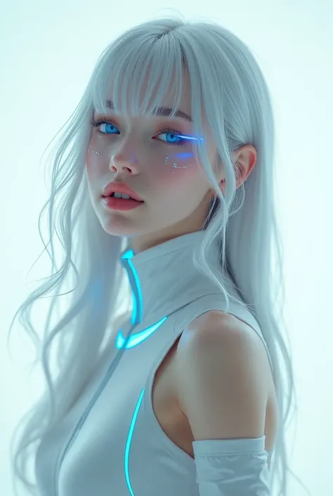  Create an image of a girl in a white cyberpunk outfit, Long silver hair , Cybernetic blue eyes with a white background and the girl is seen from the side 