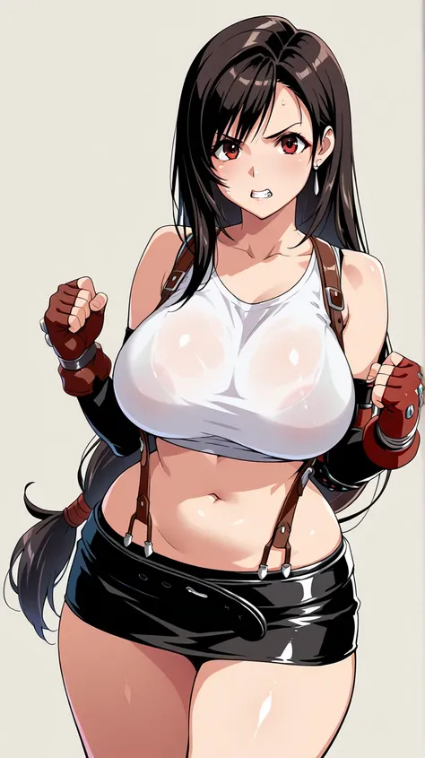 ( masterpiece, the best quality , amazing quality),( official style),  Simple background , latest ,1 girl,Tifa Lockhart, final fantasy 7,beautiful, shiny skin,   long hair, Shiny hair, Alone, Ojos rojos, ,( sleeveless t-shirt , wrinkles on clothes ), big b...