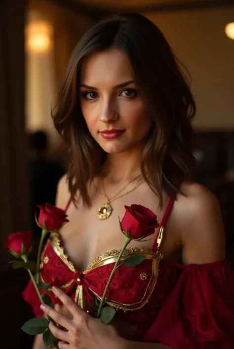    a beautiful French woman   , 32 years old,   in a sexy sailor suit ,  body similar to that of Rachael Leigh Cook,    in a sexy pose   , natural lighting,   detailed face,   serious attitude, object,    red rose.location, A stage.musical,    high quality...