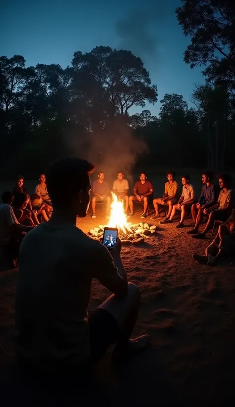 Taking selfie of camping at night at jungle, realstic, ultra realistic detail, Background: {Bounch of guys & females sitting around Bonfire, Singing, Camp Pitching, jungle navigation}, dark night, a fisheye lens selfie, cinematic dark shades, ultra realist...