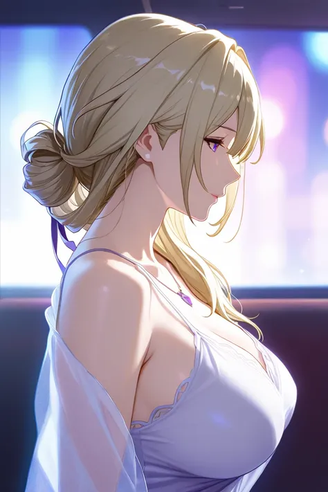 masterpiece, best quality, mature woman, milf, blonde hair, chignon hair, camisole, honkai: star rail cg style, upper body, dynamic lighting, blue light, purple and white colour costume.side view. light transparent dress, tight breast , net style blouse. n...