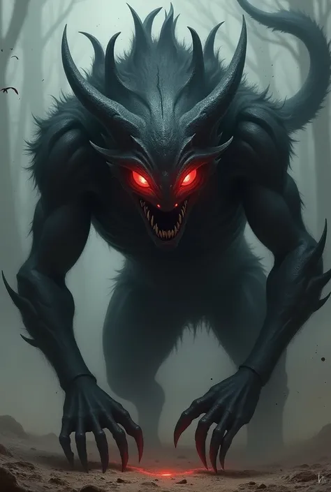 African shadow beast from Riboque. A large,  dark creature with glowing , red eyes.  Her body looks partly solid , partly like smoke ,  as if she could switch between physical form and shadow.  Her long claws cut through the air ,  while crouching for her ...